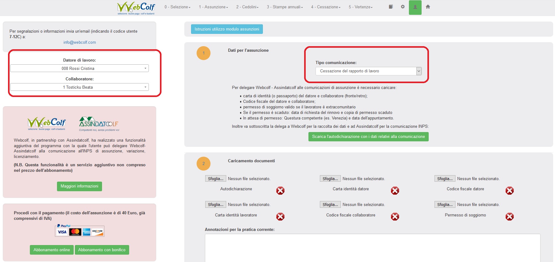 comunicazioni inps webcolf cessazione